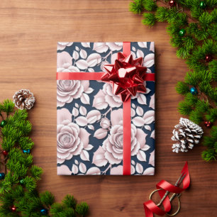 Papier Cadeau Roses Bleus Foncés Luxueux Avec Détails Blancs
