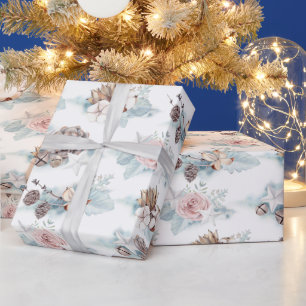 Papier Cadeau Roses d'aquarelle et Motif de cônes de pin