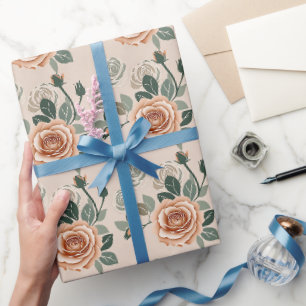 Papier Cadeau Roses de style boho en orange pastel et vert sauge