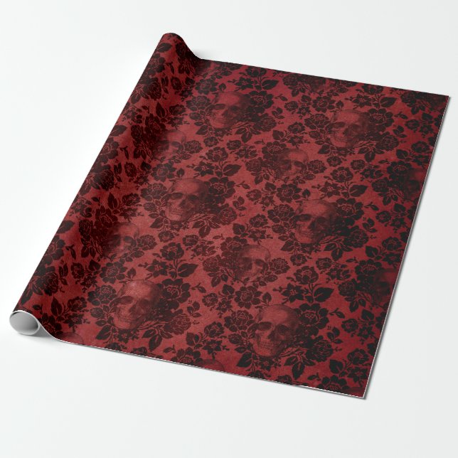 Papier Cadeau Roses et crânes noirs en rouge (Déroulé)