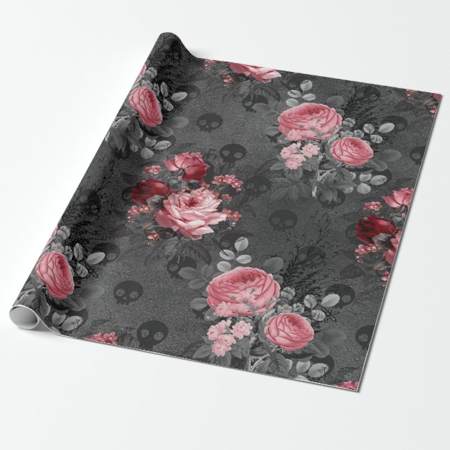 Papier Cadeau Roses et crânes roses sur gris (Déroulé)