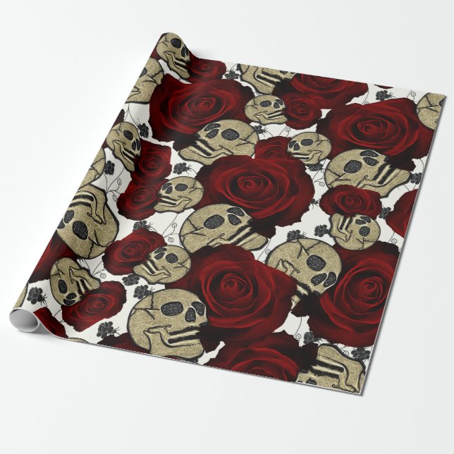Papier Cadeau Roses et crânes rouges Noir Floral Blanc gothique (Déroulé)