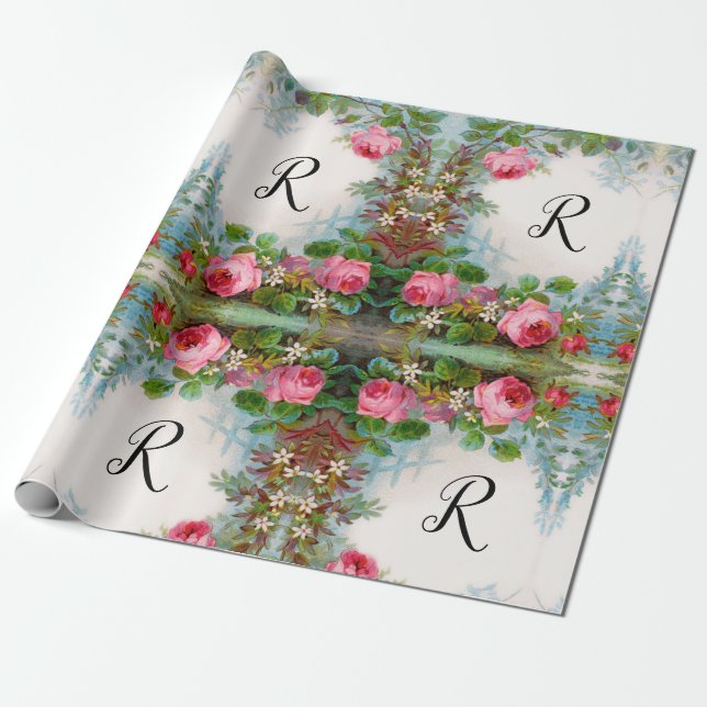 PAPIER CADEAU ROSES ET JASMINES MONOGRAMME FLORAL (Déroulé)