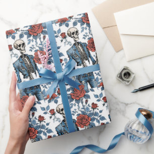 Papier Cadeau Roses et os, squelettes et roses rouges