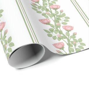 Papier Cadeau Roses et rayures roses sur blanc