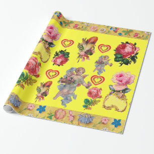 PAPIER CADEAU ROSES, FLEURS, PÈRES, ANGES ET COEURS EN JAUNE