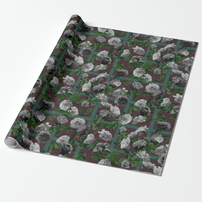 Papier Cadeau Roses floraux élégants de Bourgogne (Déroulé)
