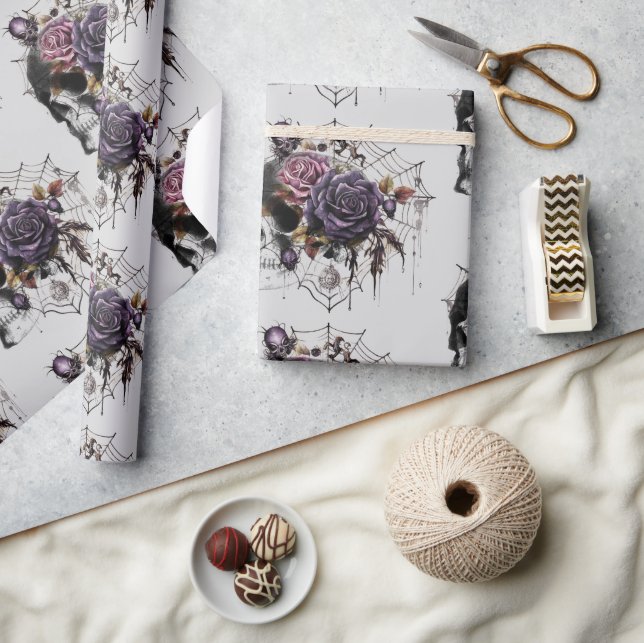 Papier Cadeau Roses gothiques simples et crâne fête d'Halloween (Artisanat)