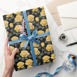 Papier Cadeau Roses Jaune Doré 