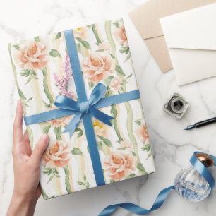 Papier Cadeau Roses Menthe Pêche Rayures Florales Anniversaire