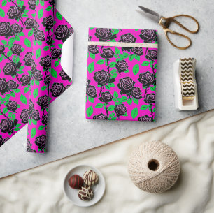 Papier Cadeau Roses Noires Brillantes Sur Un Fond Rose Chaud