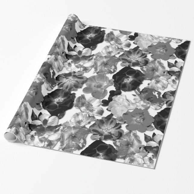 Papier Cadeau Roses noirs et blancs à grandes fleurs (Déroulé)