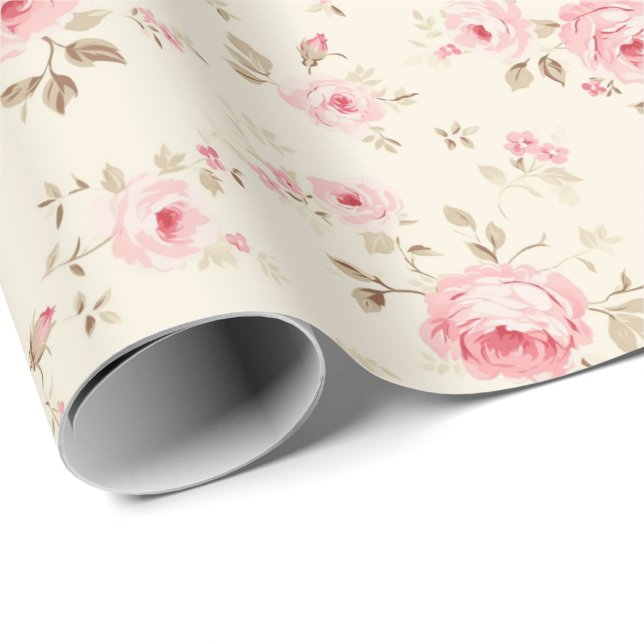 Papier Cadeau Roses peints en rose doux (Coin rond)