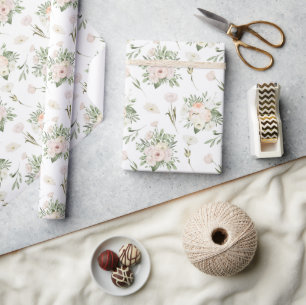 Papier Cadeau Roses rose pâle sur blanc