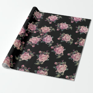 Papier Cadeau Roses Roses Foncées Motif Floral Fête Style Shabby