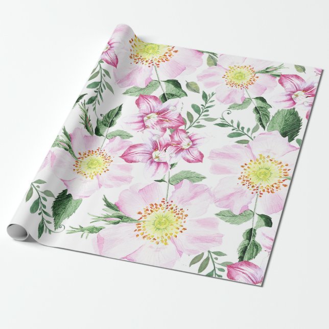 Papier Cadeau Roses roses roses Boho Aquarelle Motif Floral (Déroulé)