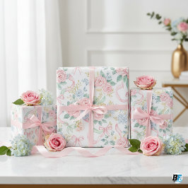 Papier Cadeau Roses roses roses en aquarelle rubans et nœuds flo