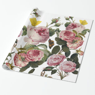 Papier Cadeau ROSES ROSES ROSES ET BOUTEILLES JAUNES Flore blanc