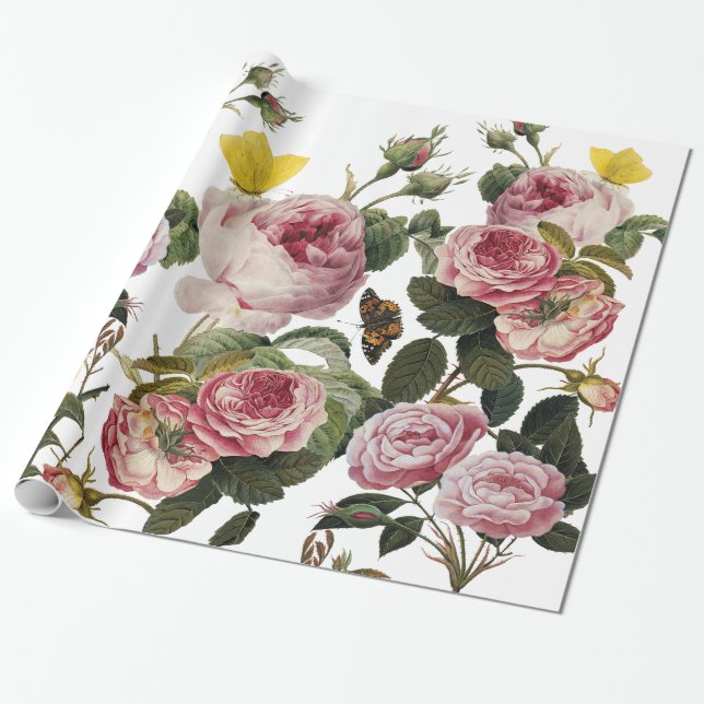 Papier Cadeau ROSES ROSES ROSES ET BOUTTERFLIES JAUNES Florales  (Déroulé)