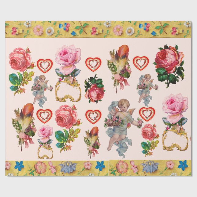 PAPIER CADEAU ROSES ROSES ROSES, FLEURS, PÈRES, ANGES ET COEURS (Plat)