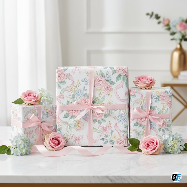 Papier Cadeau Roses roses roses roses en aquarelle rubans et noe (Créateur téléchargé)