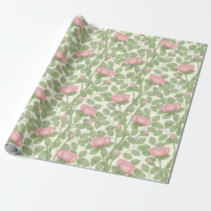 Papier Cadeau Roses roses sur crème (grande échelle)