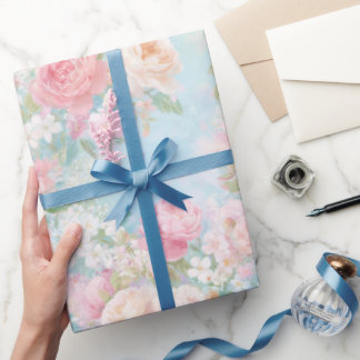 Papier Cadeau Roses roses tendres aquarelle ciel fond floral ble