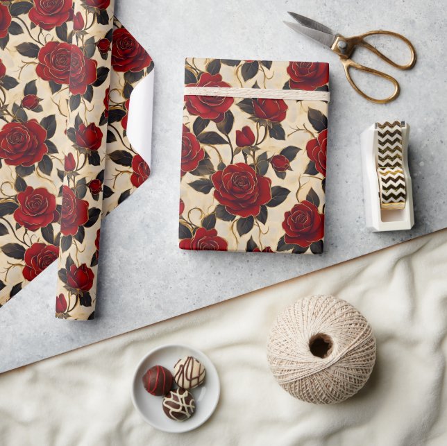 Papier Cadeau Roses rouge et or (Artisanat)