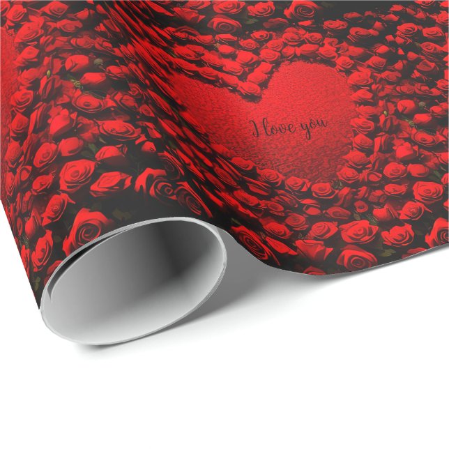 Papier Cadeau Roses rouges aux Coeurs rouges Valentine Romantiqu (Coin rond)