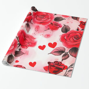 Papier Cadeau Roses rouges avec Coeurs Valentine Romantique Flor