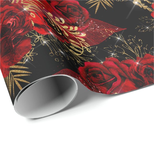 Papier Cadeau Roses Rouges Bund'huile Parties scintillant Floral (Coin rond)