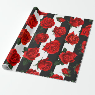 Papier Cadeau Roses rouges élégantes sur bandes noires et blanc