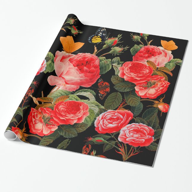 Papier Cadeau ROSES ROUGES ET BOUTEILLES JAUNES Floral noir (Déroulé)