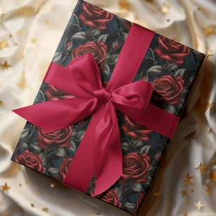 Papier Cadeau Roses rouges et verts à grande échelle Moody Dark 