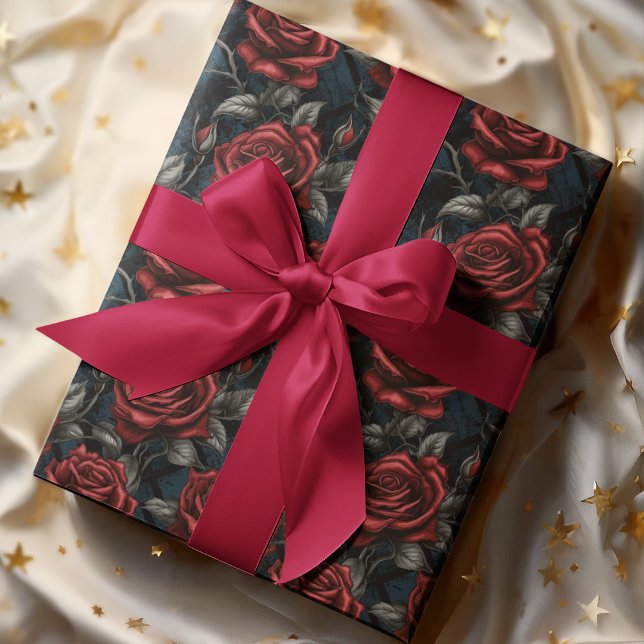 Papier Cadeau Roses rouges et verts à grande échelle Moody Dark  (Créateur téléchargé)