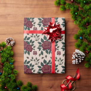 Papier Cadeau Roses rouges foncés avec des feuilles vertes
