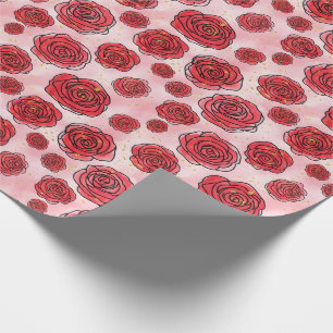 Papier Cadeau Roses Rouges sur Motif Aquarelle Rose
