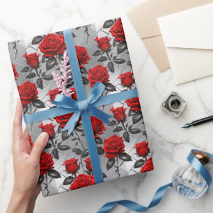 Papier Cadeau Roses Rouges Vibrantes Sur Un Fond Argent Métallis