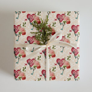 Papier Cadeau Roses Rouges Vintage & Clé de Mon Cœur pour la Sai