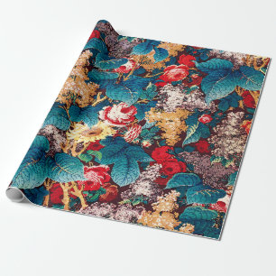 Papier Cadeau Roses rouges vintages et motif floral lilas