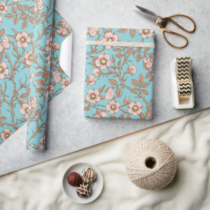 Papier Cadeau Roses sauvages et papillons /rose/marron/bassin
