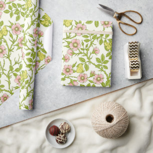 Papier Cadeau Roses sauvages et papillons /rose/vert pâle/jaune