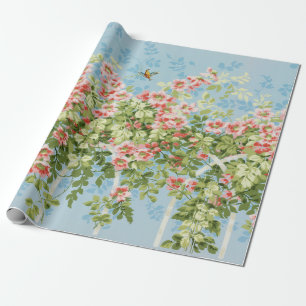 Papier Cadeau Roses SAUVAGES, FEUILLES VERTS, OISEAU VOLANT DANS