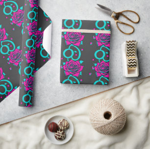 Papier Cadeau Roses stylisées en turquoise et rose vif