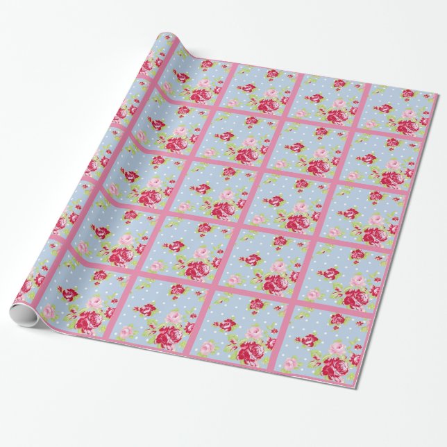 Papier Cadeau Roses Sur Papier Bleu (Déroulé)
