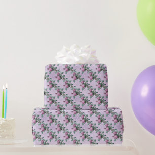 Papier Cadeau Roses violets sur Lavender et Pois blancs