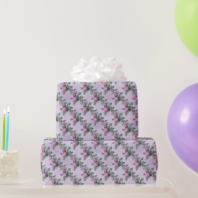 Papier Cadeau Roses violets sur Lavender et Pois blancs (Cadeaux de fête)