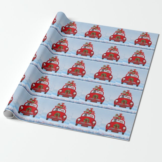 Papier Cadeau Rottweiler Chien En Voiture Avec Le Père Noël (Déroulé)