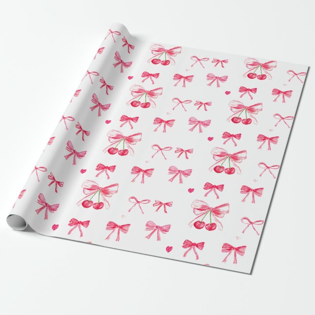 Papier Cadeau Rouge à joues Coquette Rose Ruban Cerise Féminin M (Déroulé)