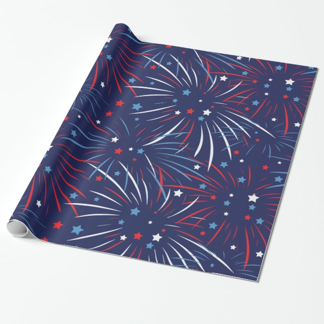Papier Cadeau Rouge Blanc Bleu Étoiles de feux d'artifice (Déroulé)
